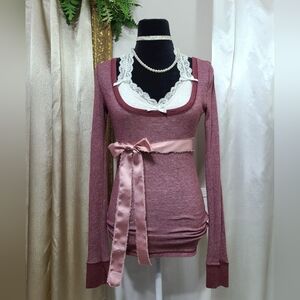 ♡ Y2K ♡ Abercrombie Burgundy Ribbed Long Sleeve Waist Tie Babydoll Top